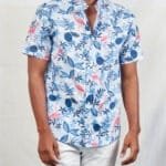 Stylish Comfort: Blue Pink Flamingo Chinese Collar Button Down Shirt for Men