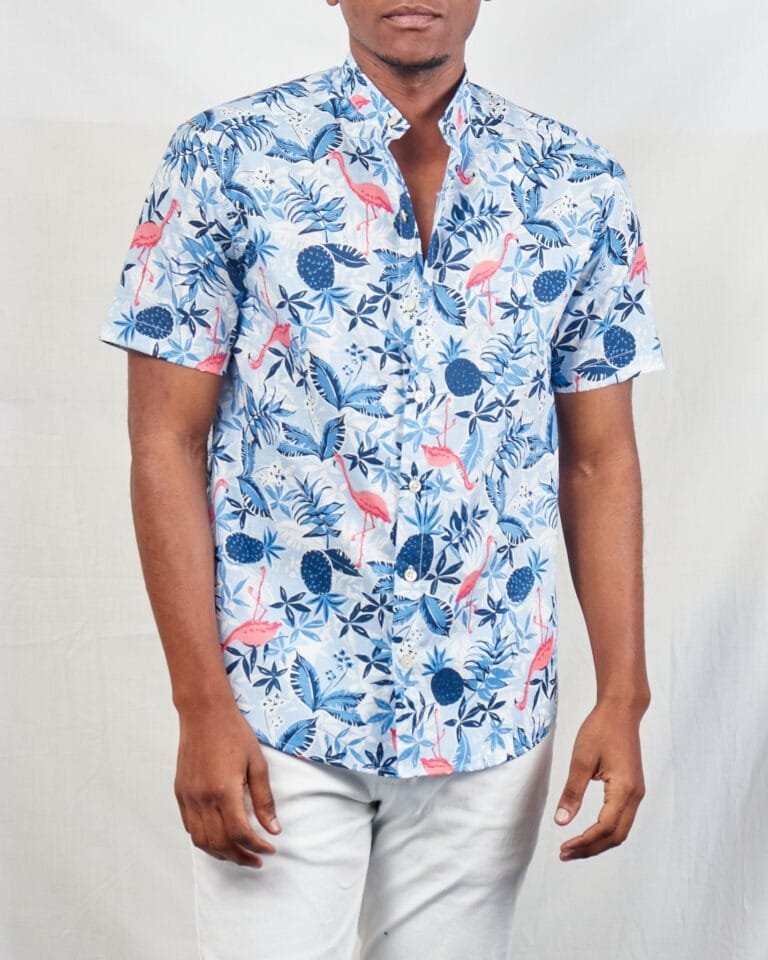 Stylish Comfort: Blue Pink Flamingo Chinese Collar Button Down Shirt for Men