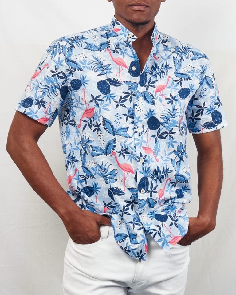 Stylish Comfort: Blue Pink Flamingo Chinese Collar Button Down Shirt for Men - Image 3