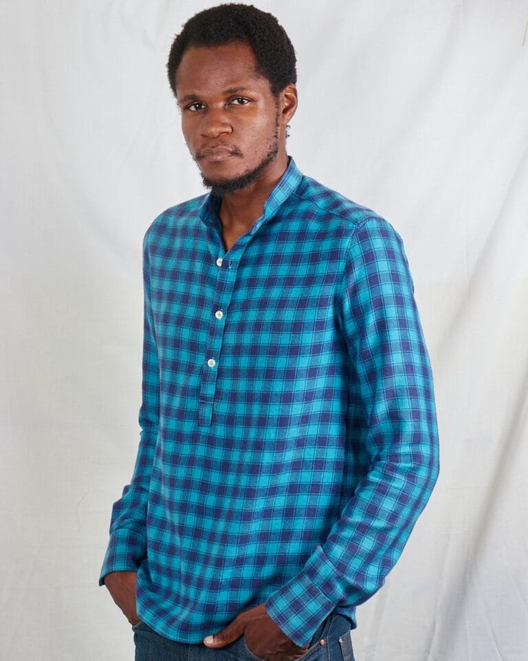 Blue plaid Checked pop-over mens shirt - Image 2