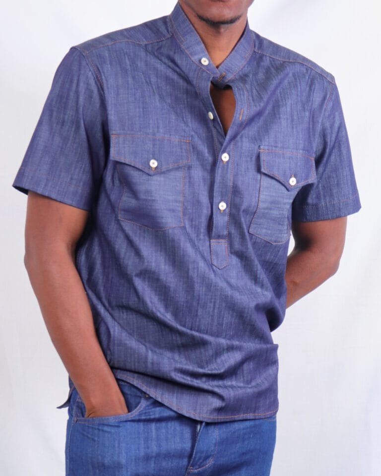 Blue lightweight short sleeved denim jeans shirt