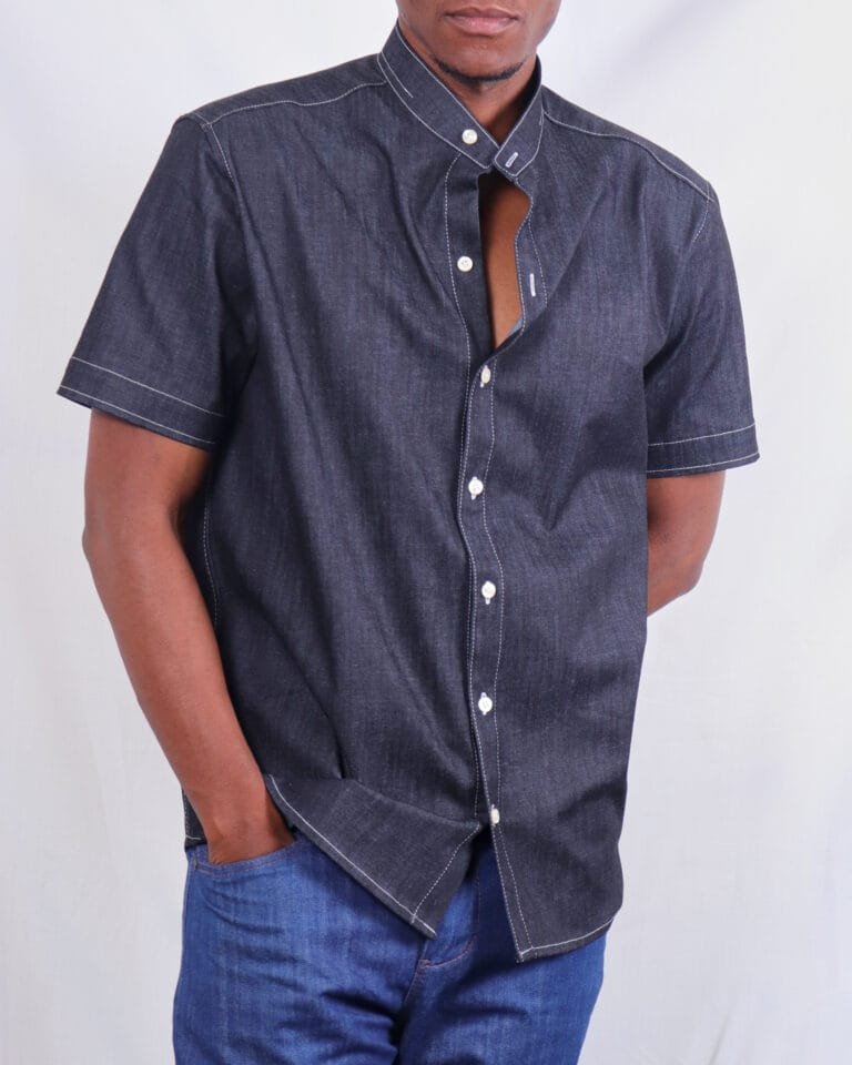 Men’s Black Short-Sleeved Chinese Collar Denim Shirt - Image 3