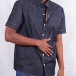Men’s Black Short-Sleeved Chinese Collar Denim Shirt