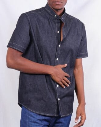Men’s Black Short-Sleeved Chinese Collar Denim Shirt