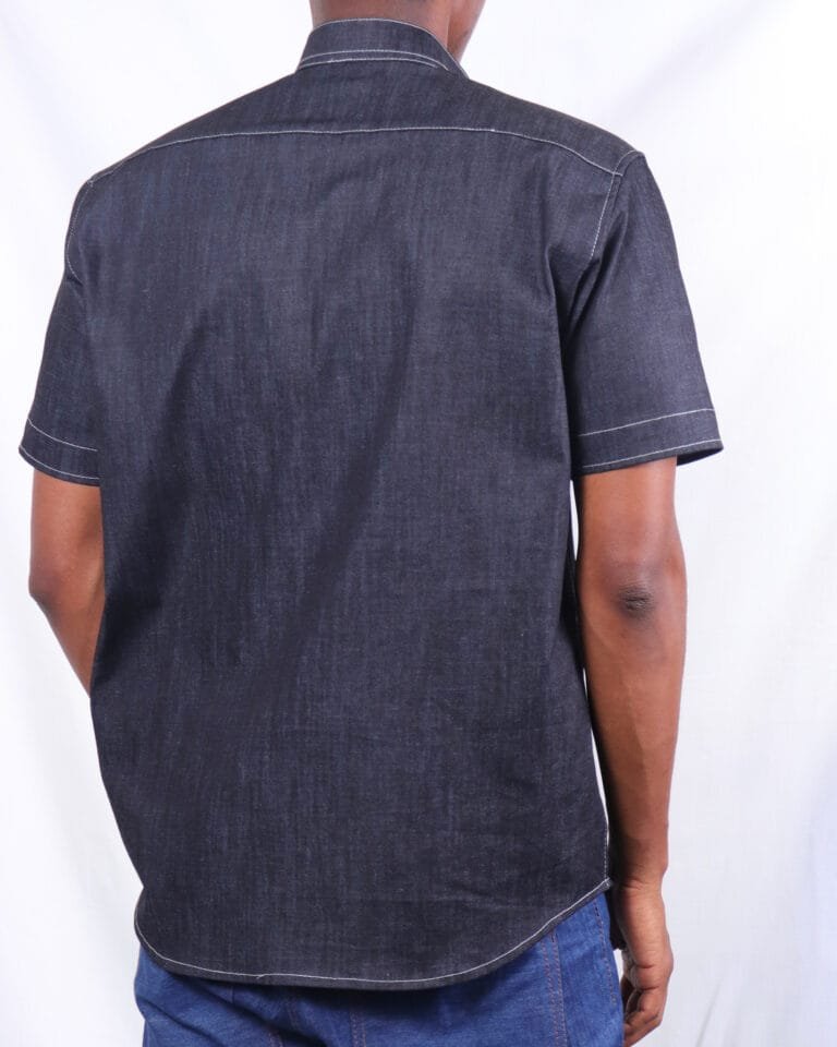 Men’s Black Short-Sleeved Chinese Collar Denim Shirt - Image 4