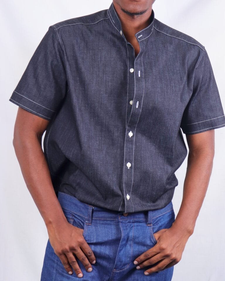 Men’s Black Short-Sleeved Chinese Collar Denim Shirt - Image 2