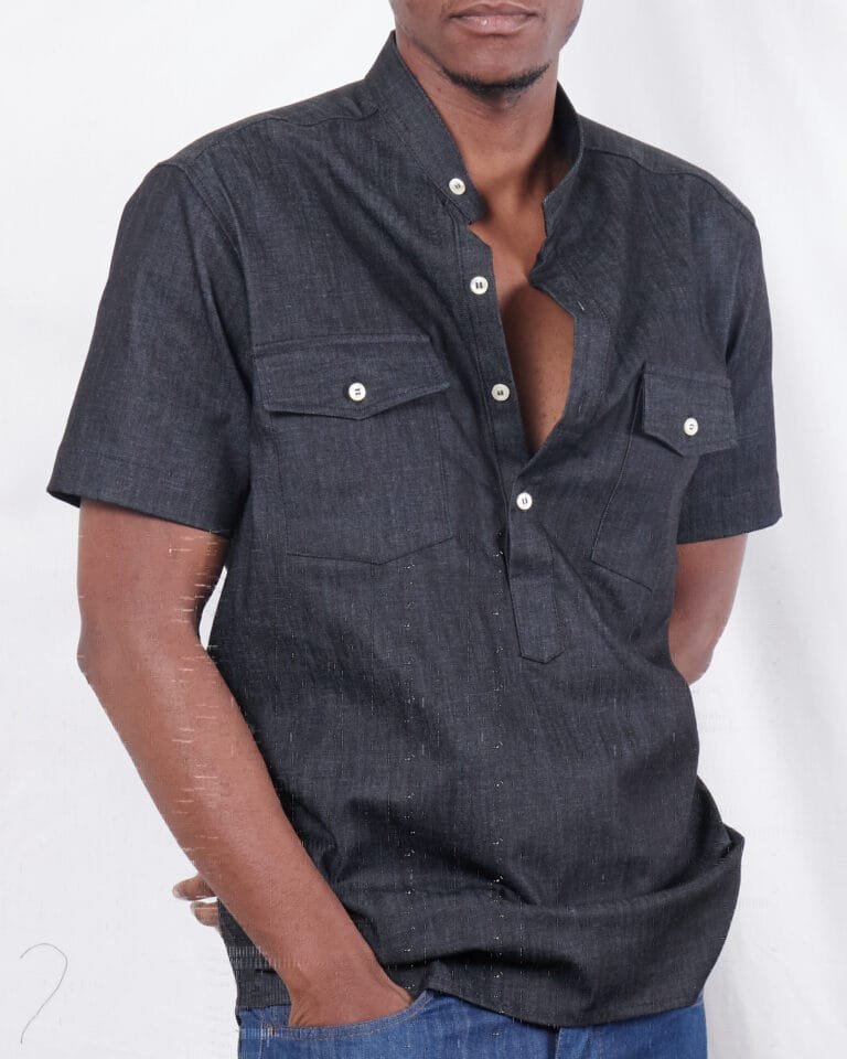 Black two pocket half plaquette men's denim jeans casual shirt - Image 3