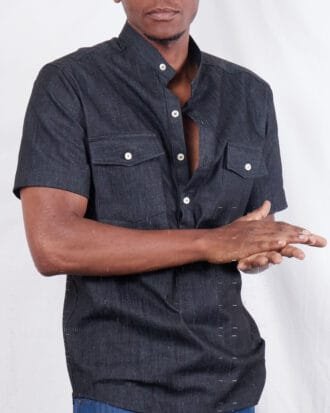 Black two pocket half plaquette men's denim jeans casual shirt