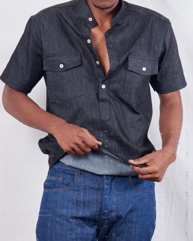Black two pocket half plaquette men's denim jeans casual shirt - Image 4