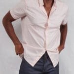 Men's Coral orange stripped short sleeved Chinese collar shirt