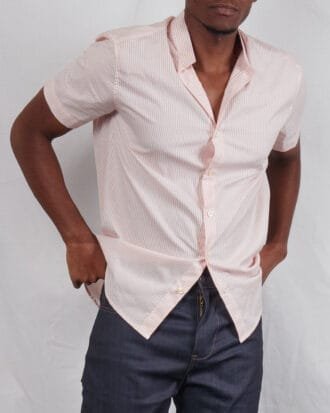 Men's Coral orange stripped short sleeved Chinese collar shirt
