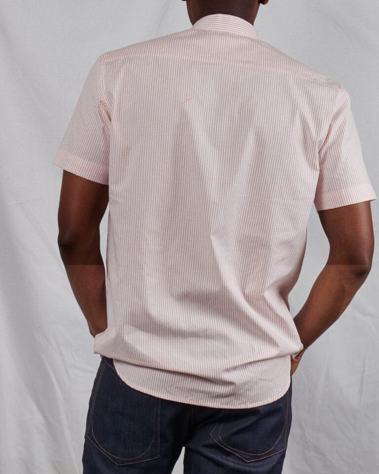 Men's Coral orange stripped short sleeved Chinese collar shirt - Image 3