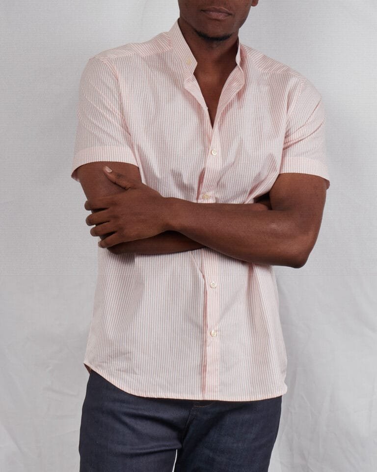 Men's Coral orange stripped short sleeved Chinese collar shirt - Image 2
