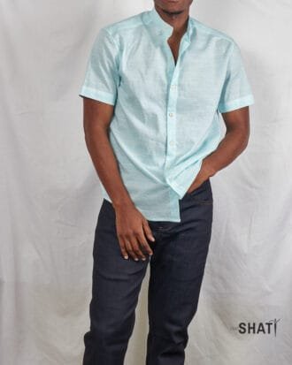 Horizontal Sky Blue Striped Short-Sleeved Men's Casual Shirt