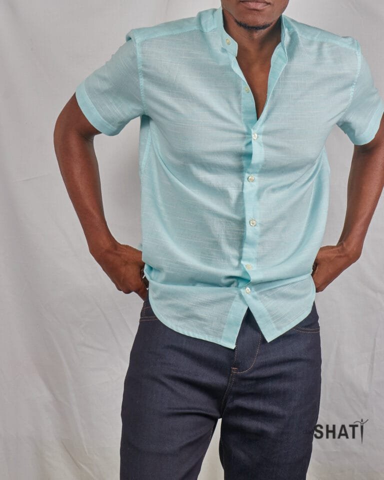 Horizontal Sky Blue Striped Short-Sleeved Men's Casual Shirt - Image 2