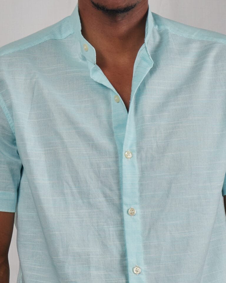 Horizontal Sky Blue Striped Short-Sleeved Men's Casual Shirt - Image 4