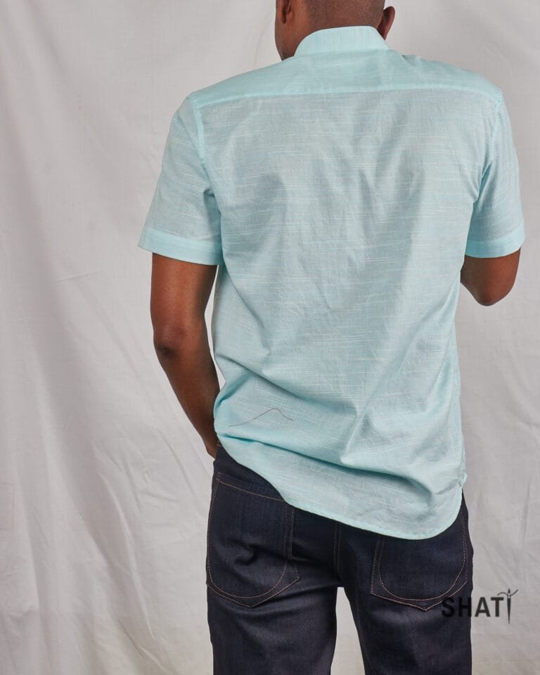 Horizontal Sky Blue Striped Short-Sleeved Men's Casual Shirt - Image 3