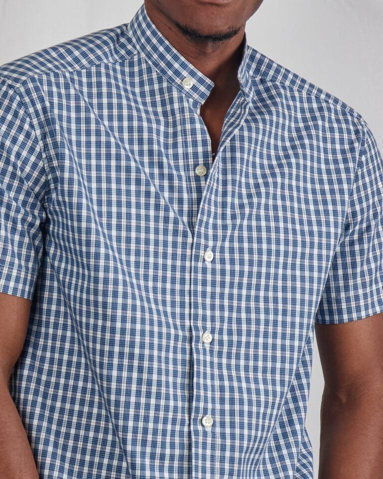 Men's Blue Checkered Plaid Short Sleeve Button Down Shirt – Chinese Collar Casual Summer Shirt - Image 3
