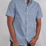 Men's Blue Checkered Plaid Short Sleeve Button Down Shirt – Chinese Collar Casual Summer Shirt