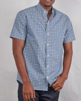 Men's Blue Checkered Plaid Short Sleeve Button Down Shirt – Chinese Collar Casual Summer Shirt