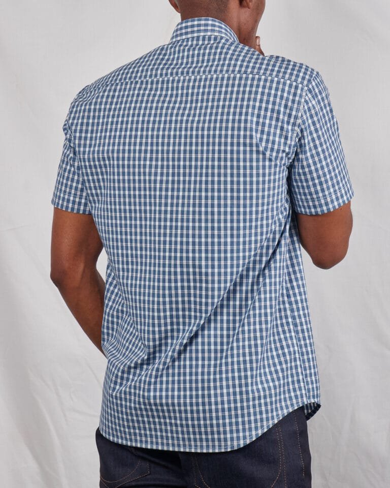 Men's Blue Checkered Plaid Short Sleeve Button Down Shirt – Chinese Collar Casual Summer Shirt - Image 4
