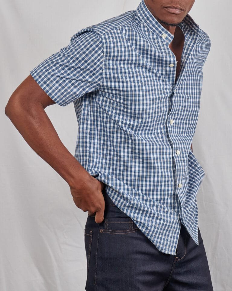 Men's Blue Checkered Plaid Short Sleeve Button Down Shirt – Chinese Collar Casual Summer Shirt - Image 2