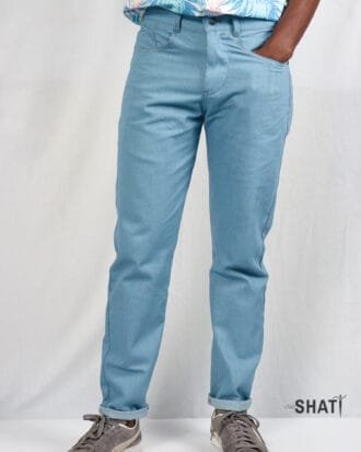 Men's Light Blue Washed Tapered Jeans – Non-Stretch Denim Pants – Classic Faded Slim Fit Casual Jeans for Men