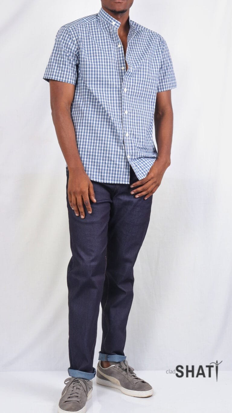 Men's Blue Checkered Plaid Short Sleeve Button Down Shirt – Chinese Collar Casual Summer Shirt - Image 5