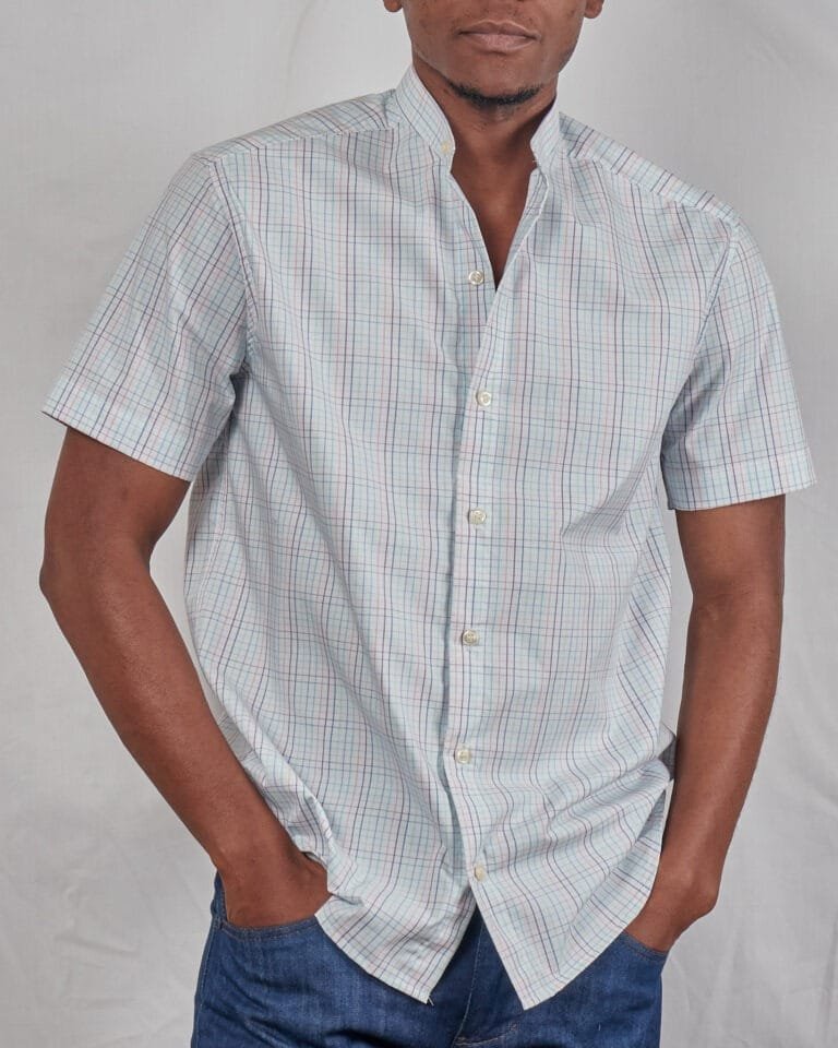 Multi-Color Checked White Chinese Short-Sleeved Shirt