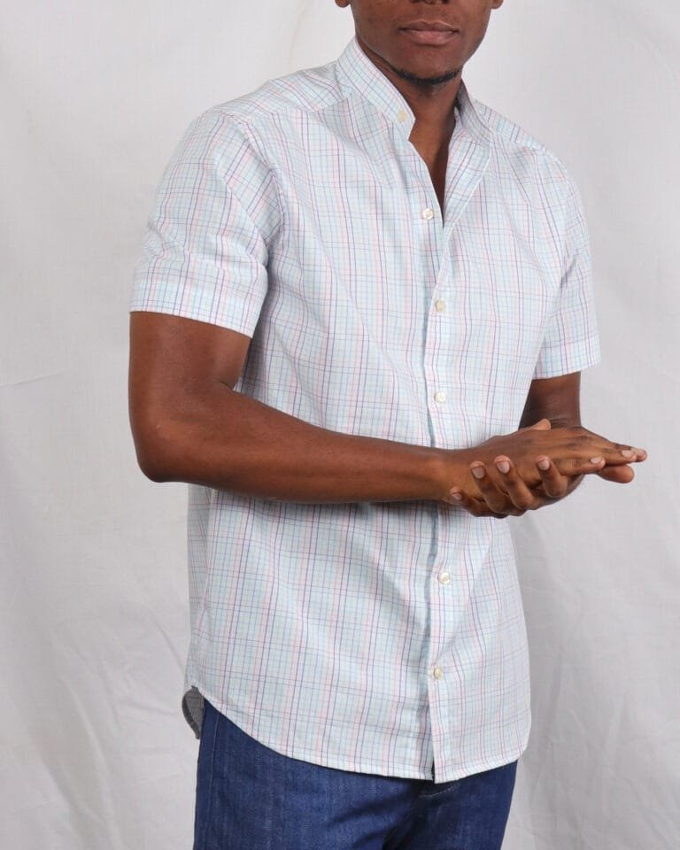 Multi-Color Checked White Chinese Short-Sleeved Shirt - Image 4