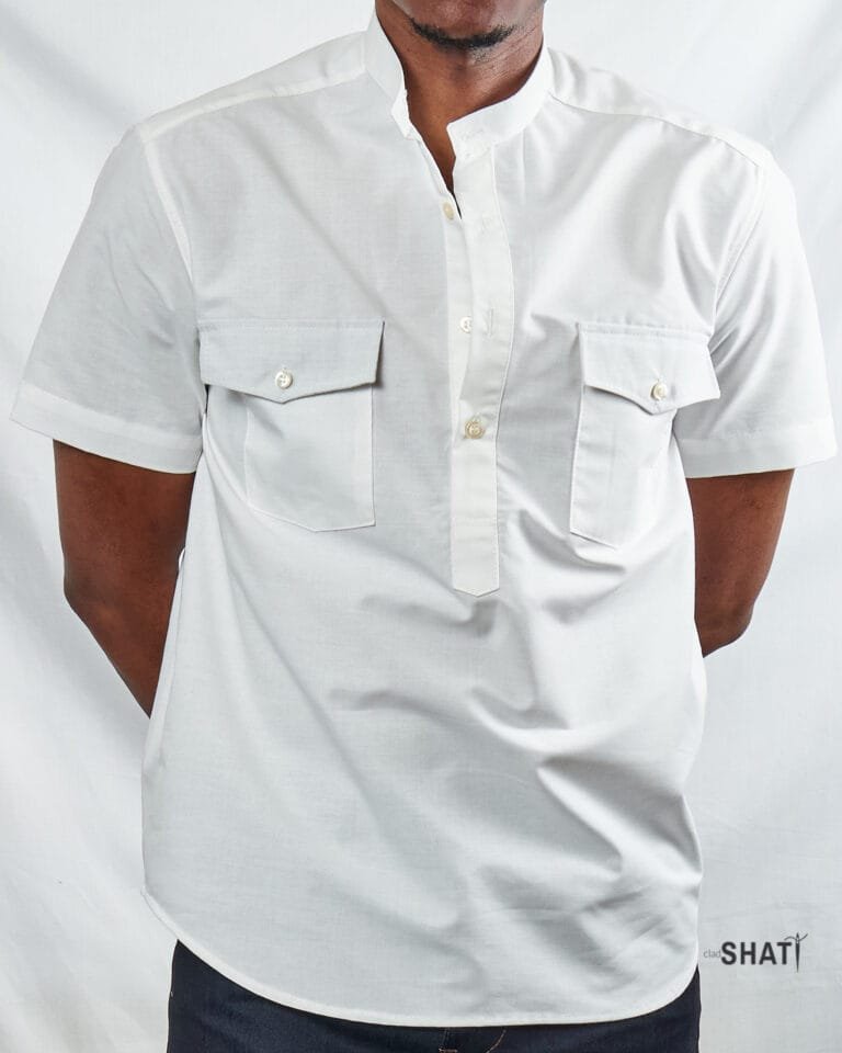 Two Pockets Chinese Collar Short Sleeved Men's White Shirt - Image 4