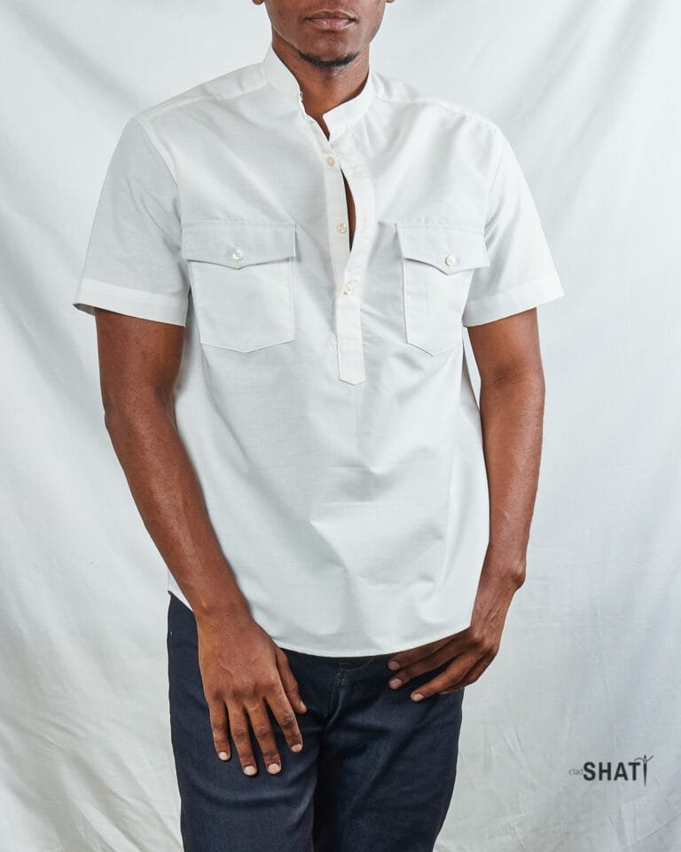 Two Pockets Chinese Collar Short Sleeved Men's White Shirt - Image 2