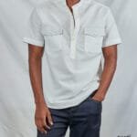 Two Pockets Chinese Collar Short Sleeved Men's White Shirt