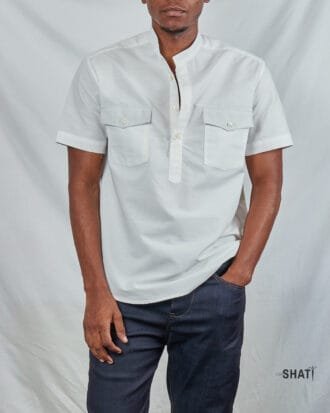 Two Pockets Chinese Collar Short Sleeved Men's White Shirt