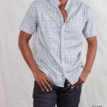 Men's blue and gray checked short sleeved Chinese Collar shirt