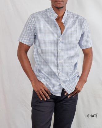 Men's blue and gray checked short sleeved Chinese Collar shirt