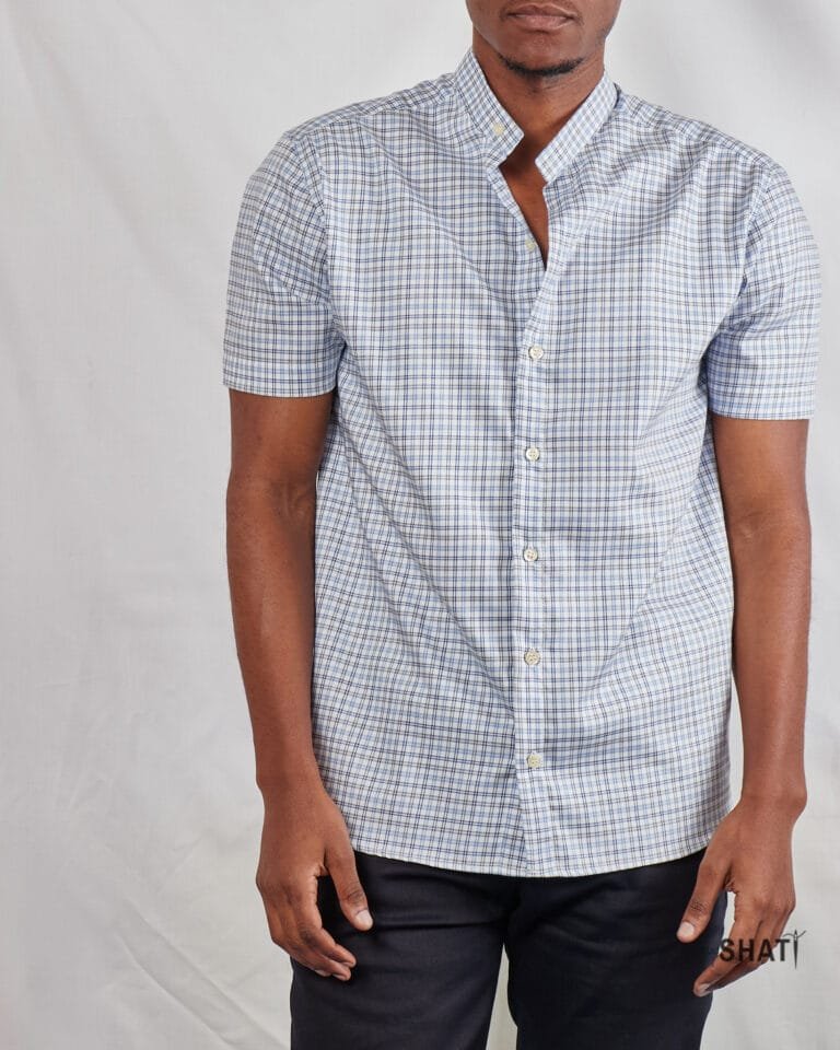 Men's blue and gray checked short sleeved Chinese Collar shirt - Image 3