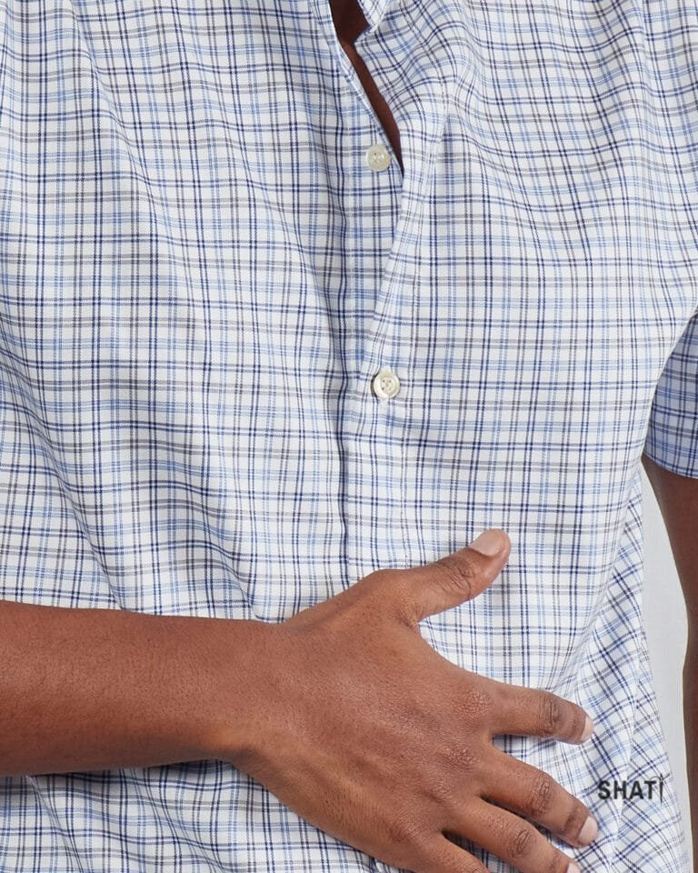 Men's blue and gray checked short sleeved Chinese Collar shirt - Image 5