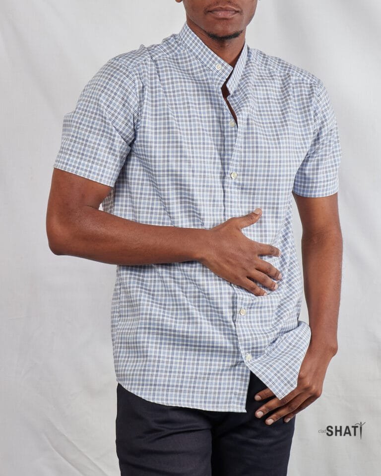 Men's blue and gray checked short sleeved Chinese Collar shirt - Image 2