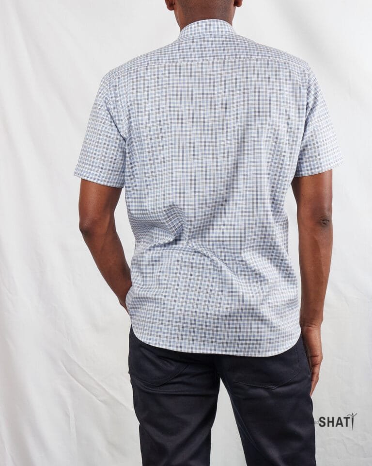 Men's blue and gray checked short sleeved Chinese Collar shirt - Image 4