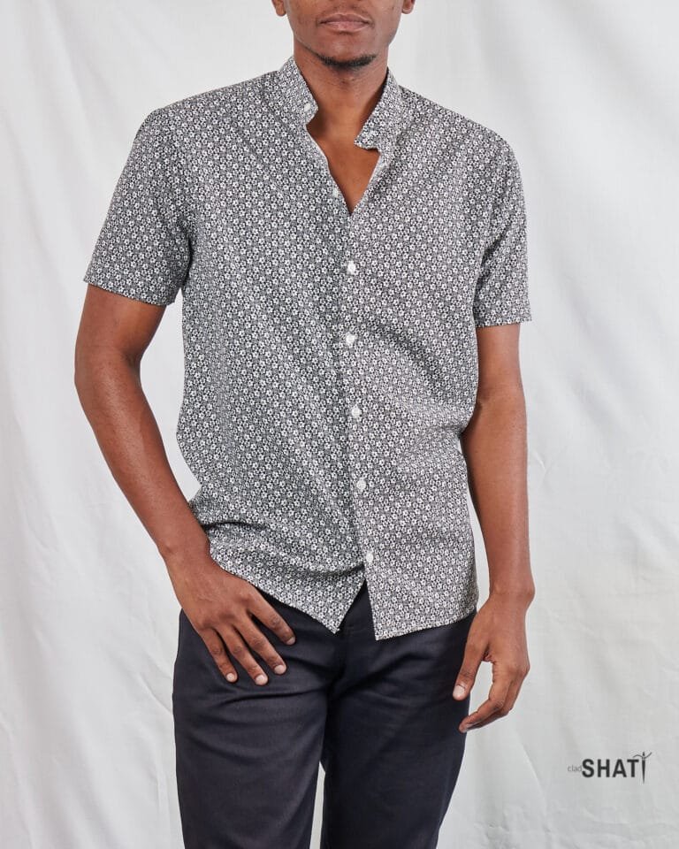 Modern Black & White Floral Print Short Sleeve Mens Shirt with Chinese Collar - Image 2