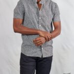 Modern Black & White Floral Print Short Sleeve Mens Shirt with Chinese Collar