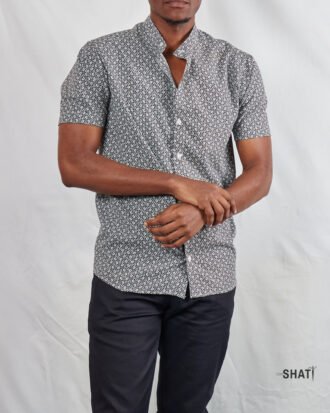 Modern Black & White Floral Print Short Sleeve Mens Shirt with Chinese Collar