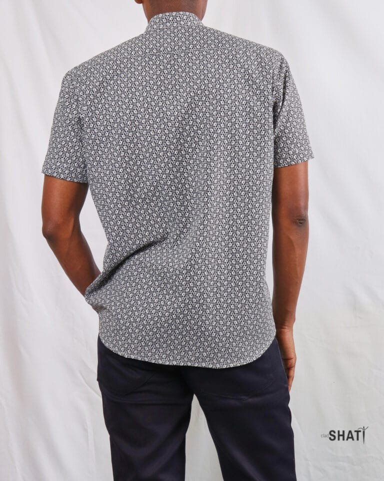Modern Black & White Floral Print Short Sleeve Mens Shirt with Chinese Collar - Image 3