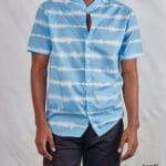 Sky Blue & White Horizontal Striped Short Sleeve Chinese Collar Men's Summer Shirt