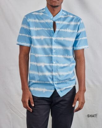 Sky Blue & White Horizontal Striped Short Sleeve Chinese Collar Men's Summer Shirt