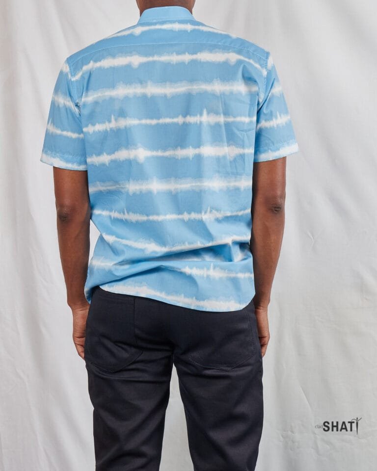 Sky Blue & White Horizontal Striped Short Sleeve Chinese Collar Men's Summer Shirt - Image 3
