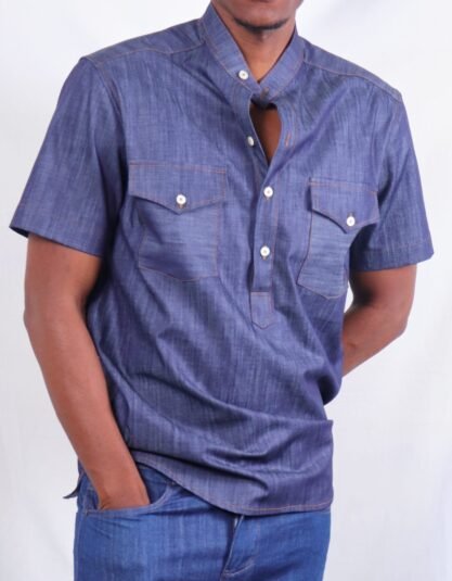 Blue lightweight short sleeved denim jeans shirt