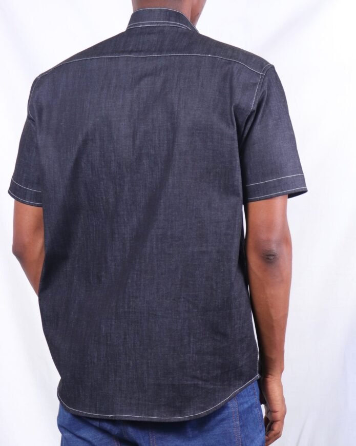 Men’s Black Short-Sleeved Chinese Collar Denim Shirt - Image 4