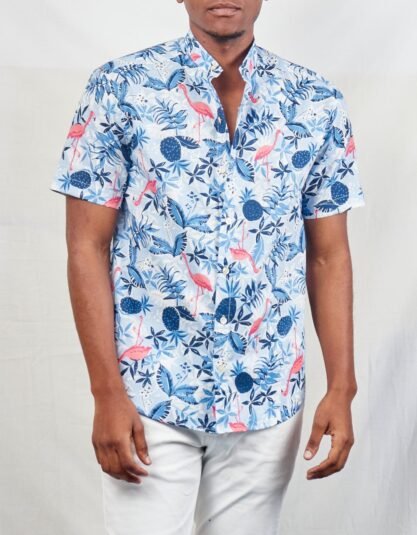 Stylish Comfort: Blue Pink Flamingo Chinese Collar Button Down Shirt for Men